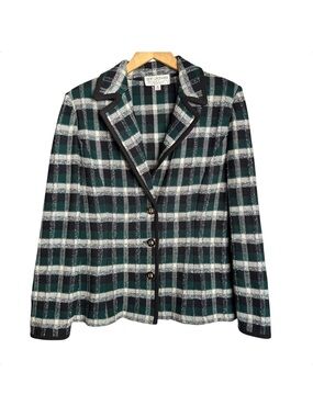 St John Collection Plaid Blazer Jacket Size 10 Black Hunter Green Santana Knit